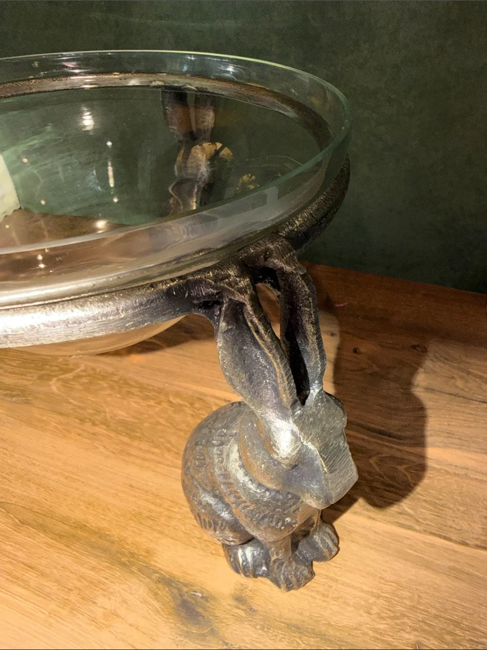 Pottery Barn Glass Bowl on Decorative Rabbit metal Pedestal